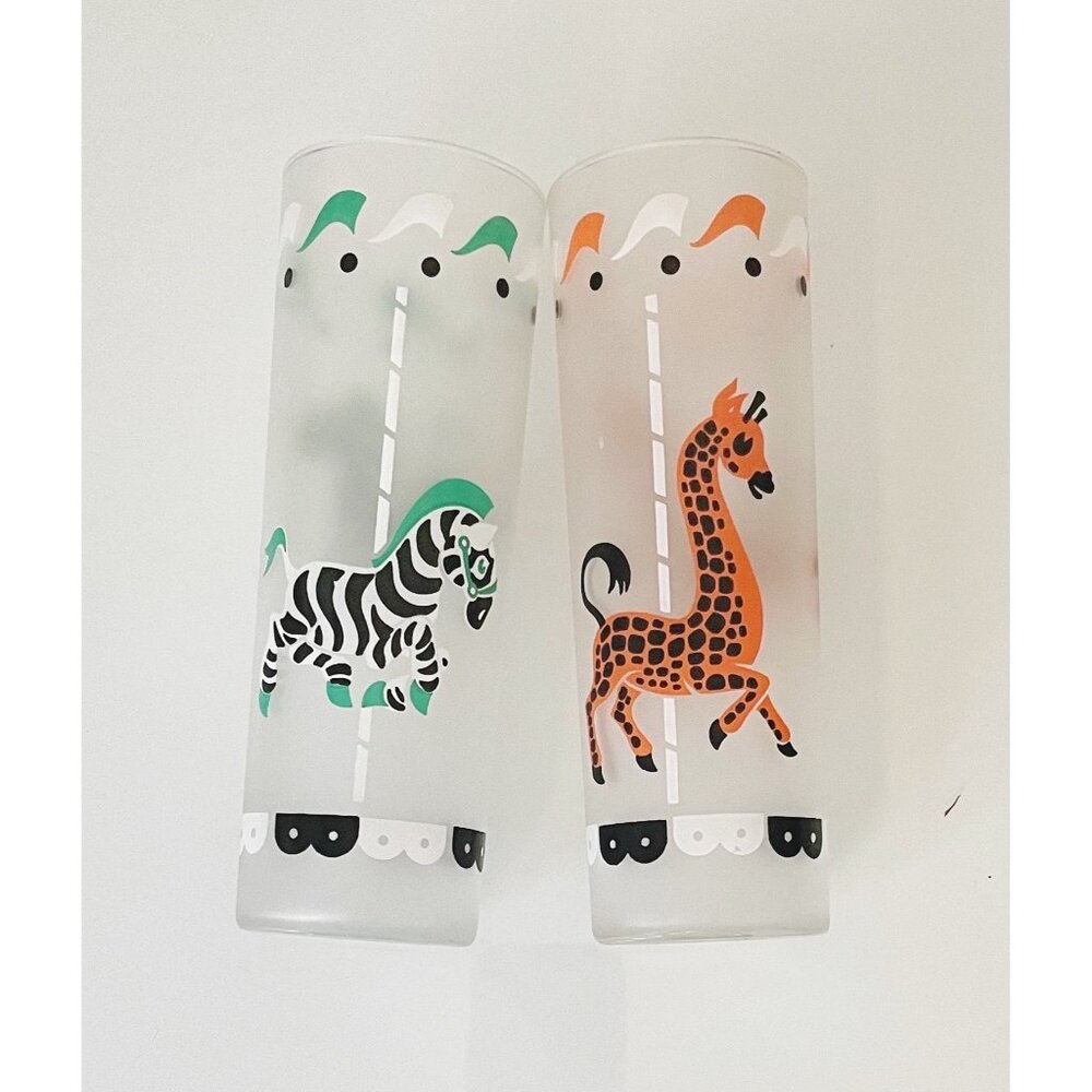 Libby CAROUSEL Glasses, (2) Merry-go-round Frosted Glasses with Giraffe,  Zebra
